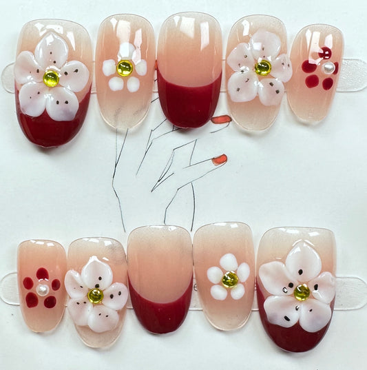Vintage Red French Floral Press on Nails Australia | Short Oval |Daily Nails | Handmade Press on Nails
