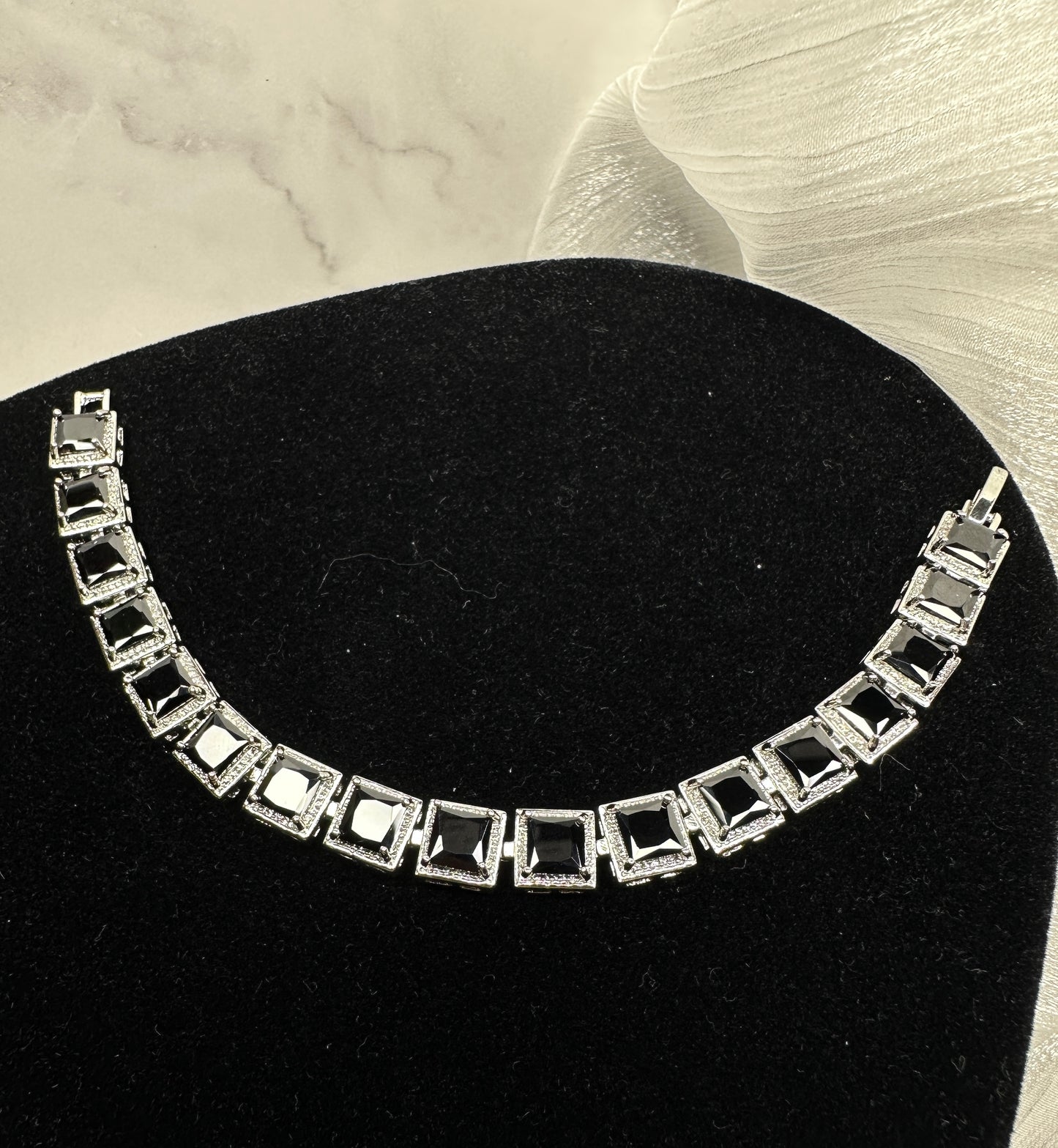 Modern Gothic Black Square Cubic Zirconia Tennis Bracelet | Premium Platinum-Plated Brass, Seamless Fixed 18cm Length