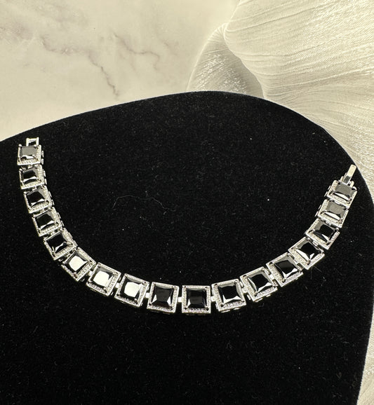 Modern Gothic Black Square Cubic Zirconia Tennis Bracelet | Premium Platinum-Plated Brass, Seamless Fixed 18cm Length