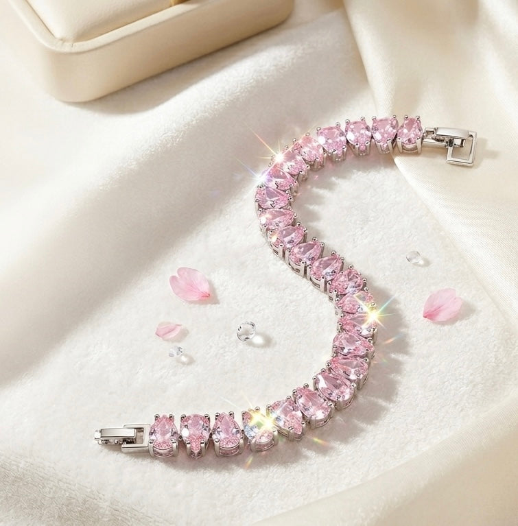 Romantic Pink Teardrop Cubic Zirconia Link Bracelet | Premium 18K Gold Plated Brass, Adjustable (16.5cm - 17.5cm)
