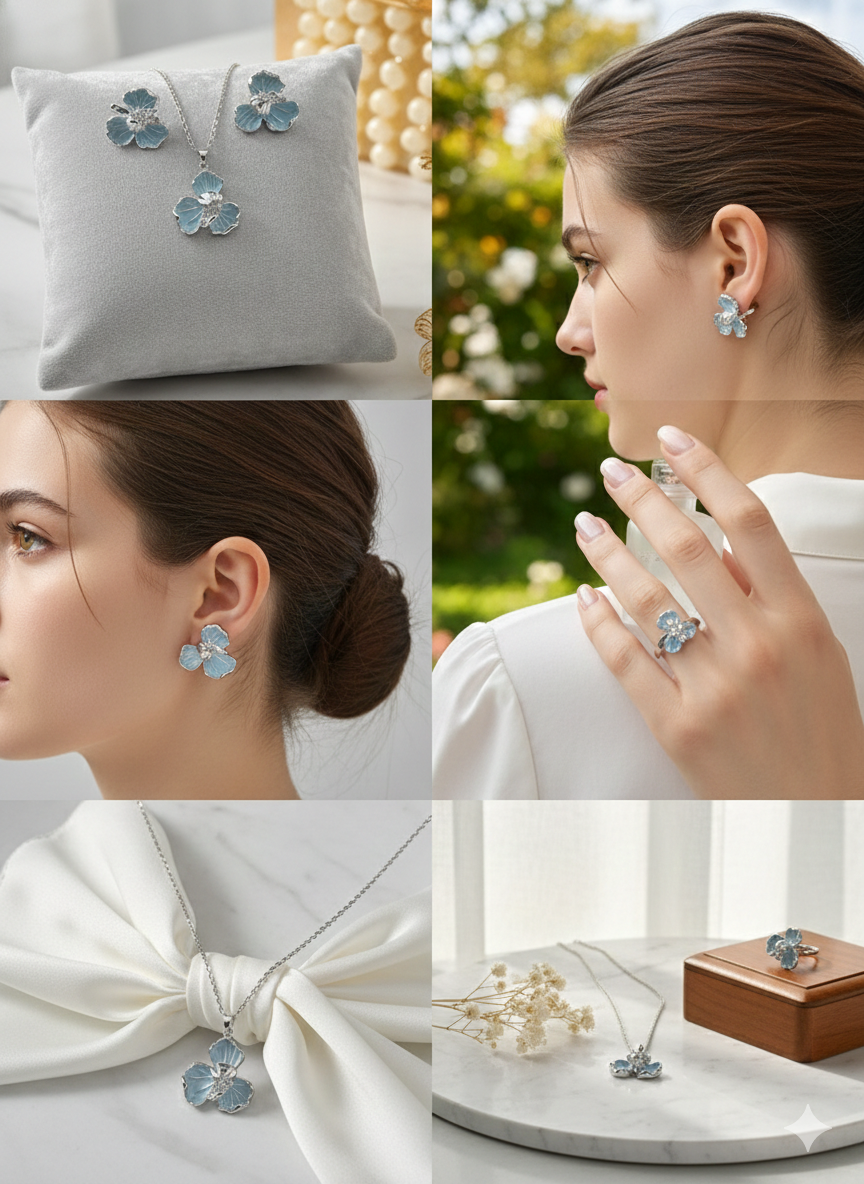 Azure Bloom Trio Set (Necklace, Earrings, Ring)