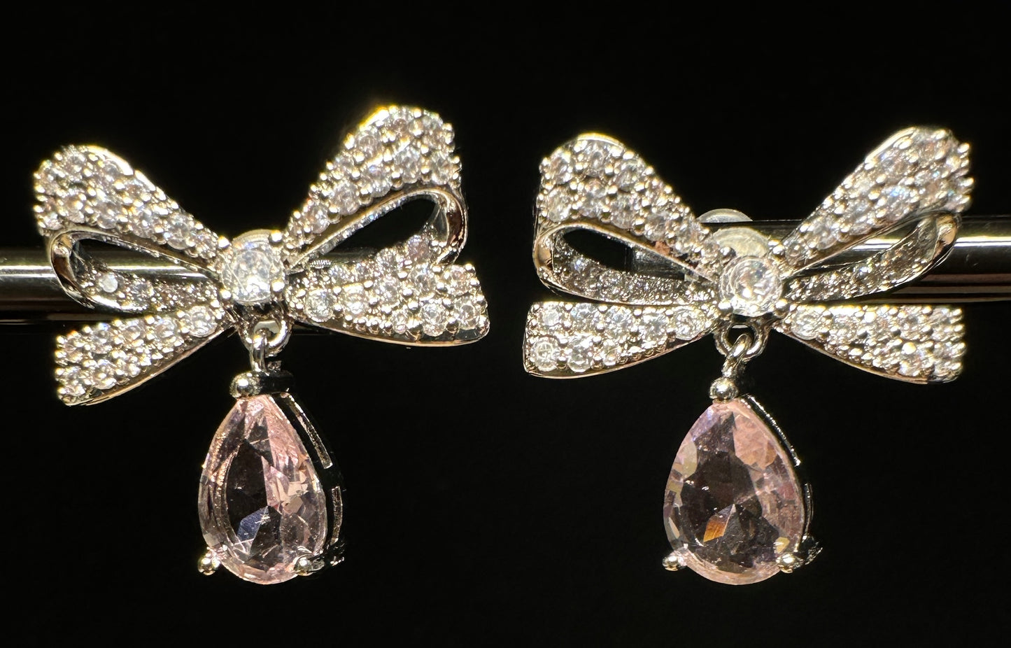Rosette Pink Mist Earrings | Pavé Bow Design with Pink Drop