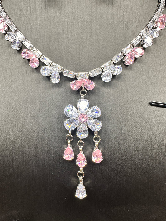 Rose Garden Floral Jewelry Set – Faceted Stones on Gold-Plated White Copper