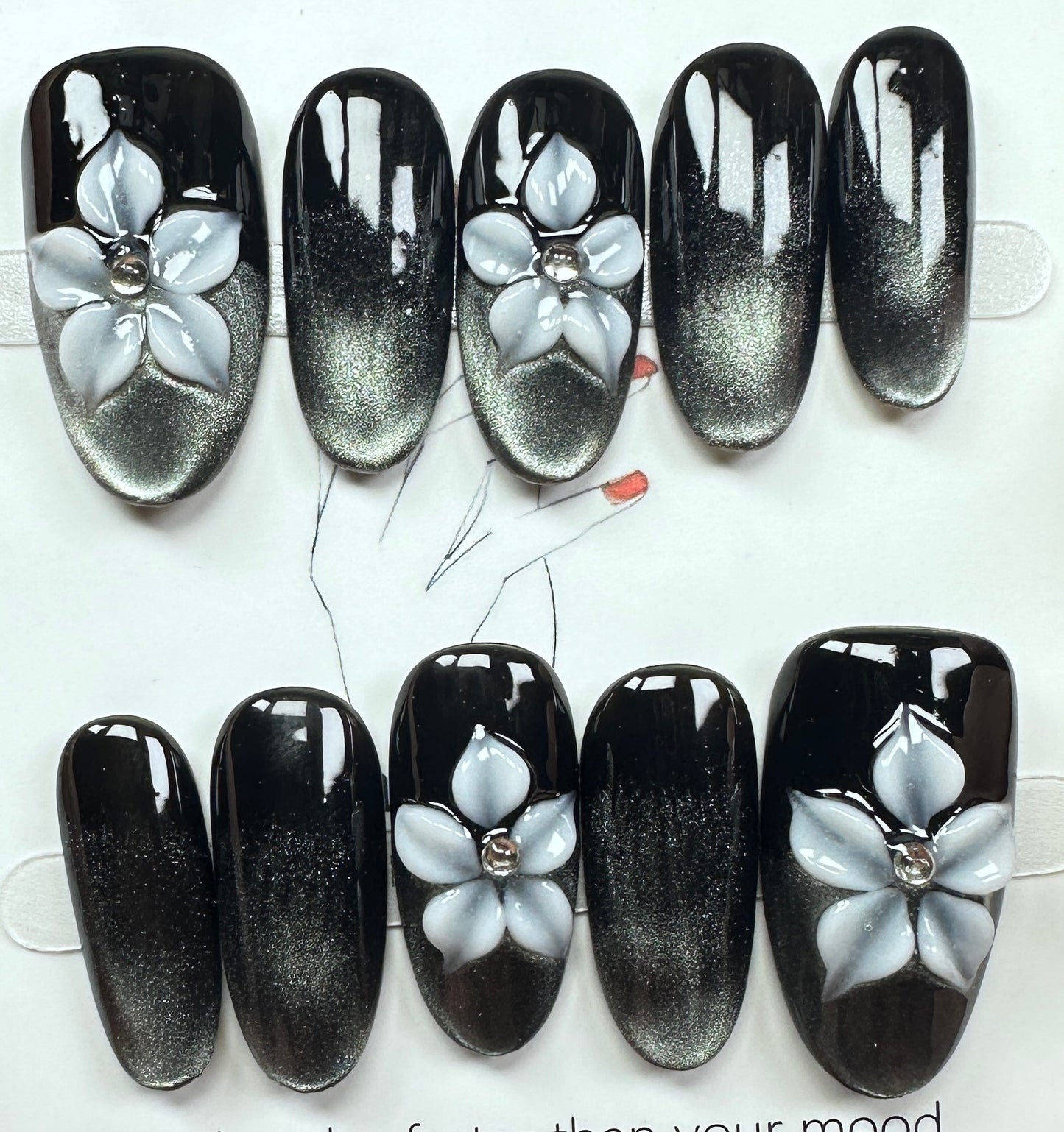 Black Cat-Eye & Floral Press on Nails Australia | Medium Oval |Daily Nails | Handmade Press on Nails