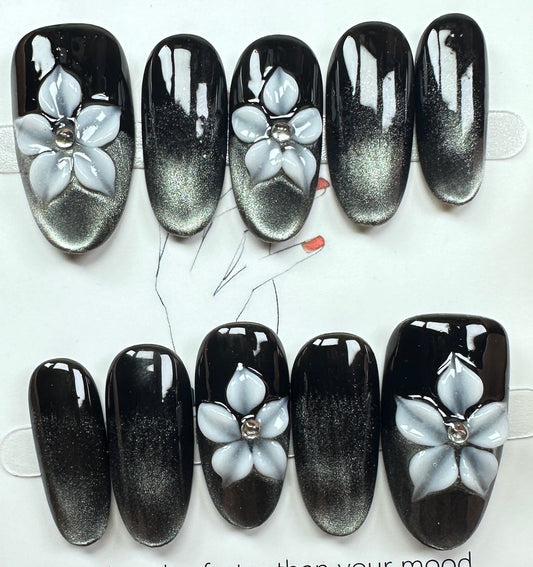 Black Cat-Eye & Floral Press on Nails Australia | Medium Oval |Daily Nails | Handmade Press on Nails