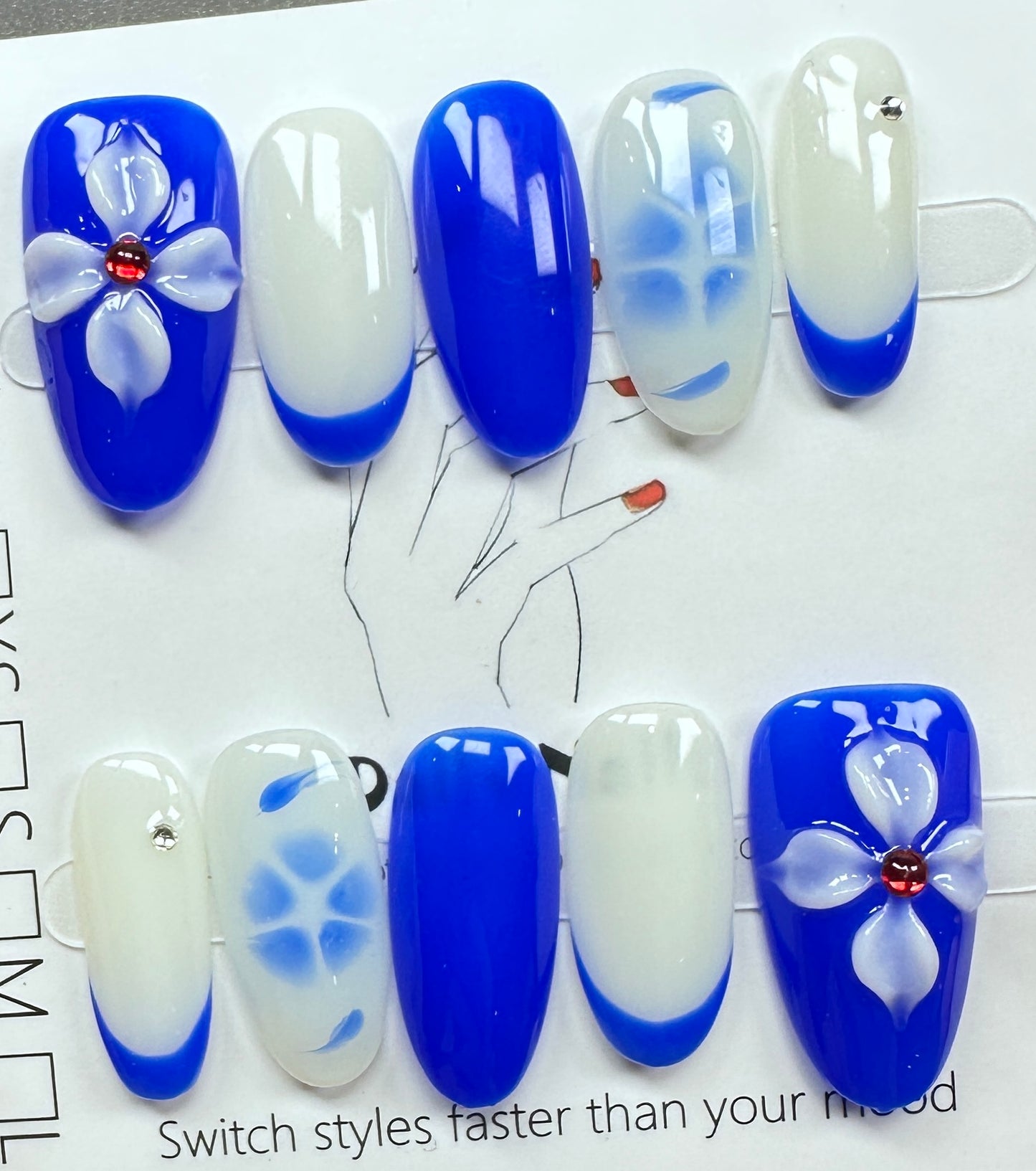 Blue & White Floral Press on Nails Australia | Medium Almond |Daily Nails | Handmade Press on Nails