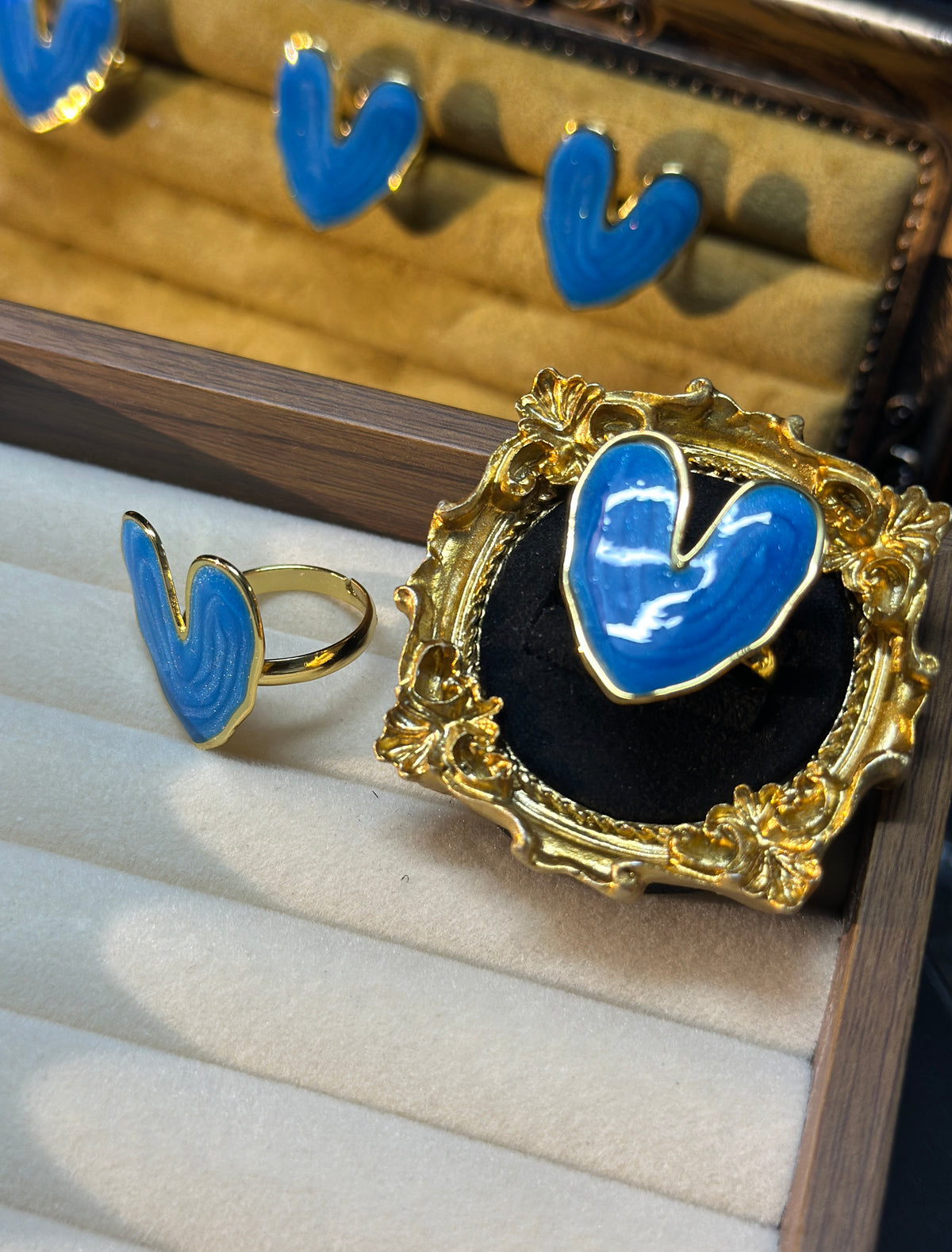 Blue enamel heart adjustable stainless steel ring with PVD gold finish