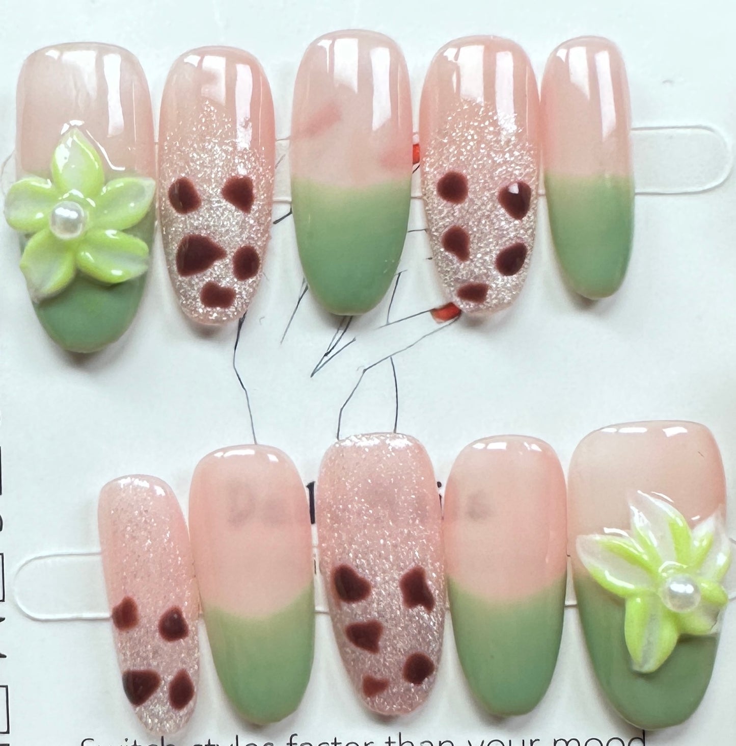 Matcha & Pink Boba Style Press on Nails Australia | Medium Oval |Daily Nails | Handmade Press on Nails