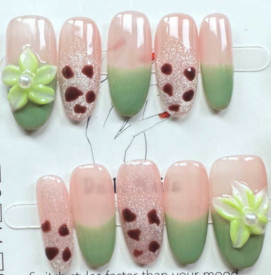 Matcha & Pink Boba Style Press on Nails Australia | Medium Oval |Daily Nails | Handmade Press on Nails