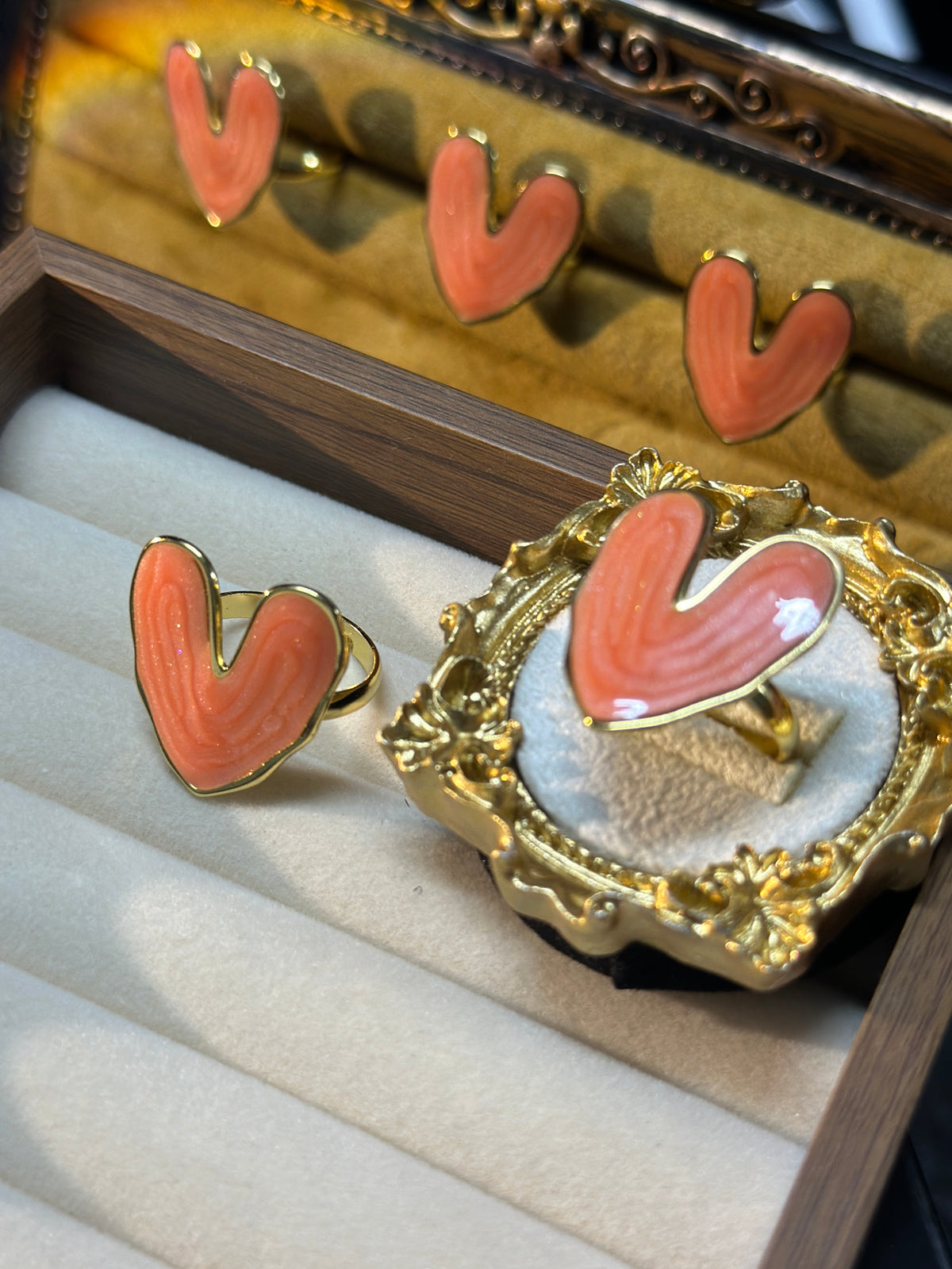 Orange-pink enamel heart adjustable stainless steel ring with PVD gold finish