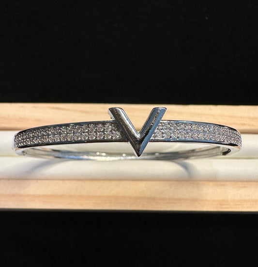 Virtue V-Bangle | Silver Tone Double Row Stone Bangle