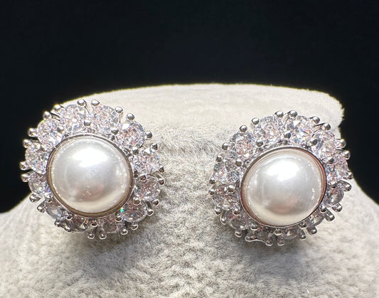 Lustrous Halo Pearl Stud Earrings | Elegant Pearl and Crystal Design