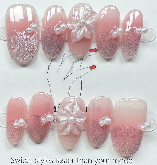 Pink Shimmer & Pearl Press on Nails Australia | Short Oval |Daily Nails | Handmade Press on Nails