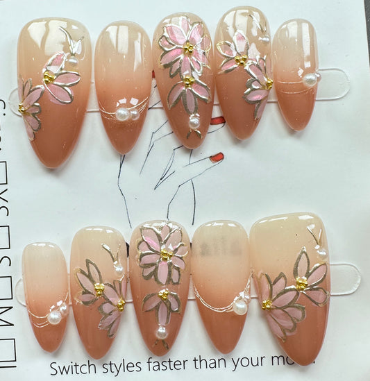 Hand-Painted Floral Ombre Press on Nails Australia | Medium Almond |Daily Nails | Handmade Press on Nails