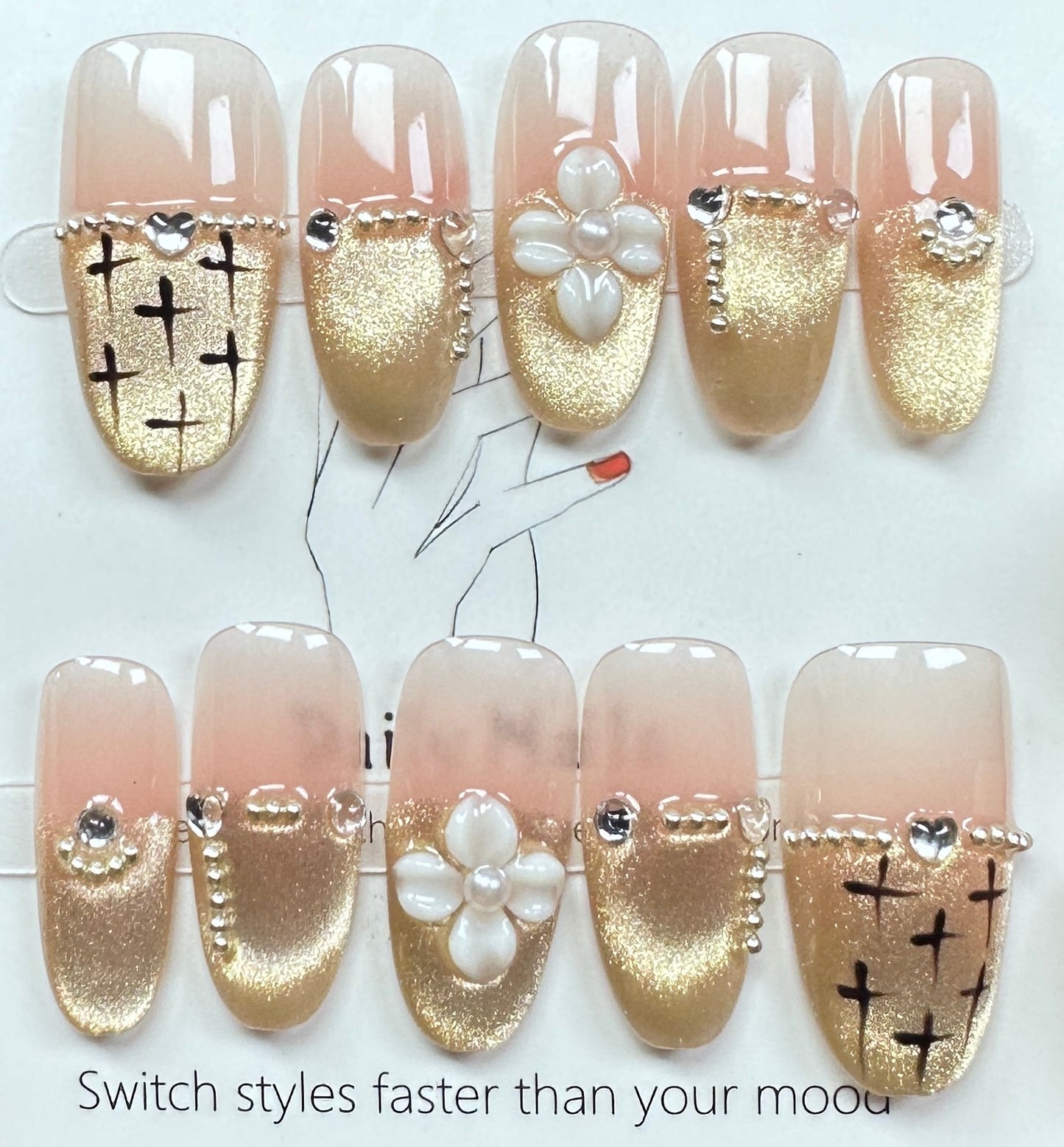Champagne Cat-Eye & Cross Art Press on Nails Australia | Medium Oval |Daily Nails | Handmade Press on Nails