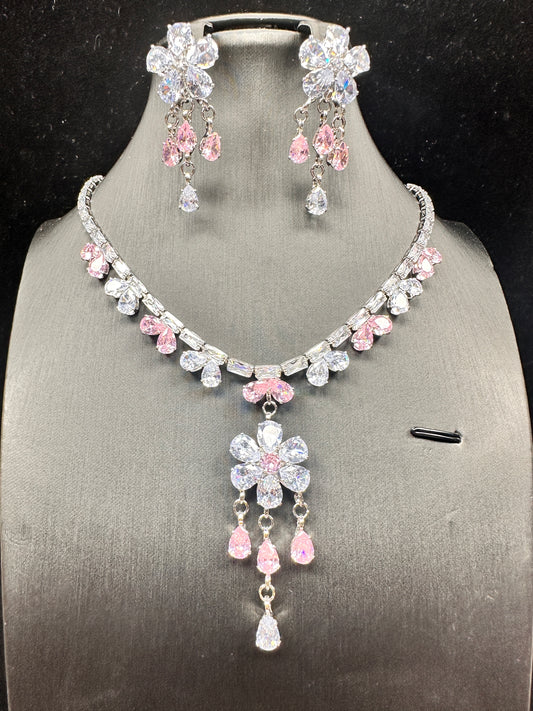 Rose Garden Floral Jewelry Set – Faceted Stones on Gold-Plated White Copper