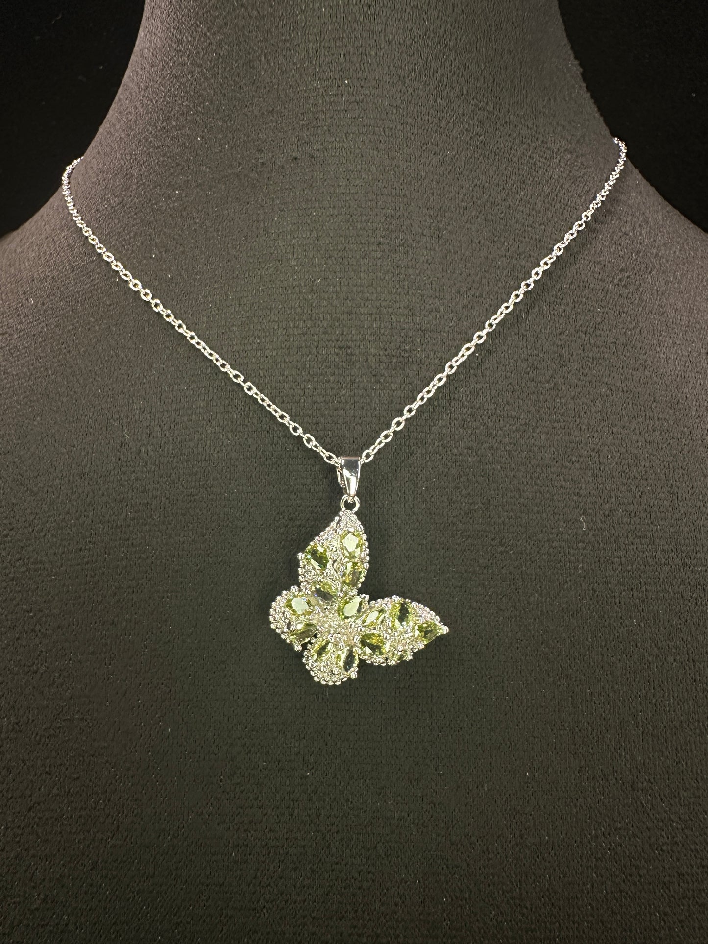 Verdant Wing Pendant | Olive Green Stone Butterfly Necklace