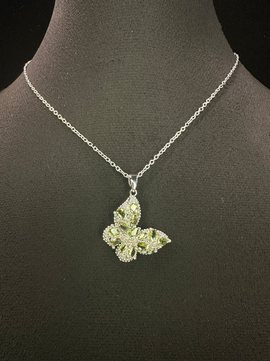 Verdant Wing Pendant | Olive Green Stone Butterfly Necklace