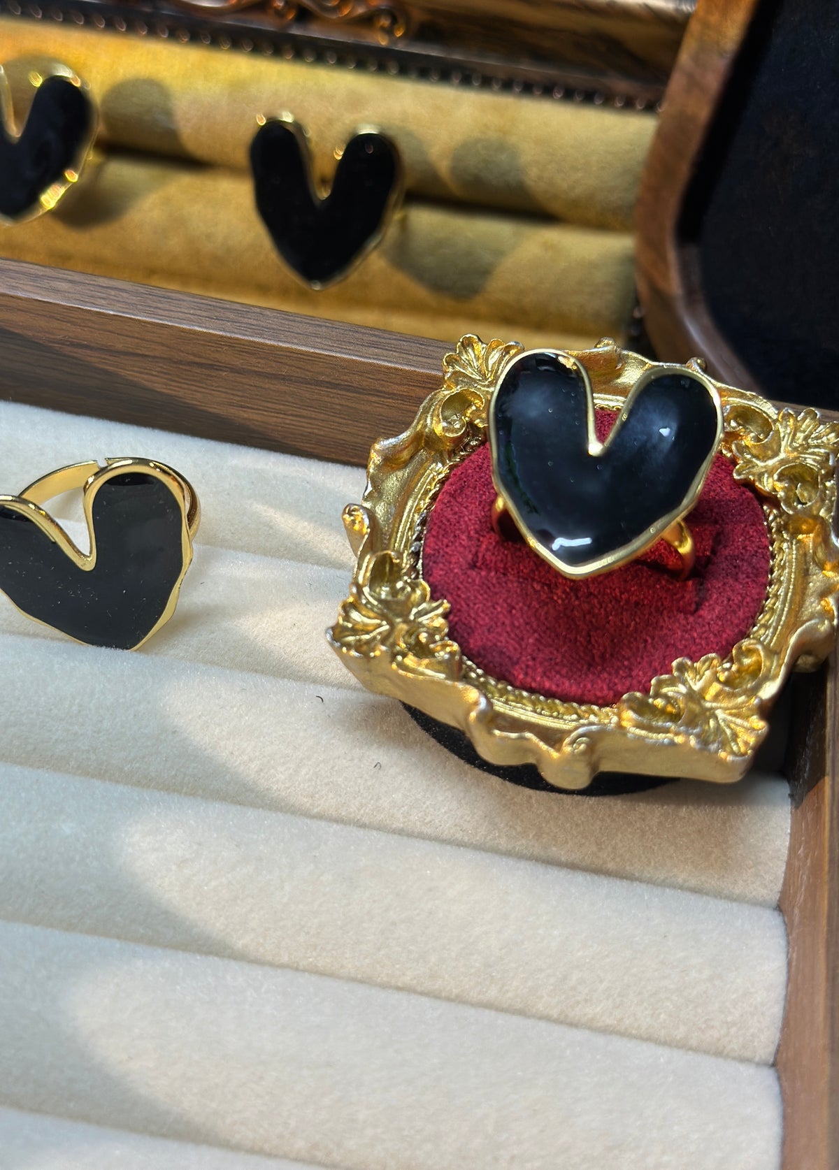Black enamel heart adjustable stainless steel ring with PVD gold finish