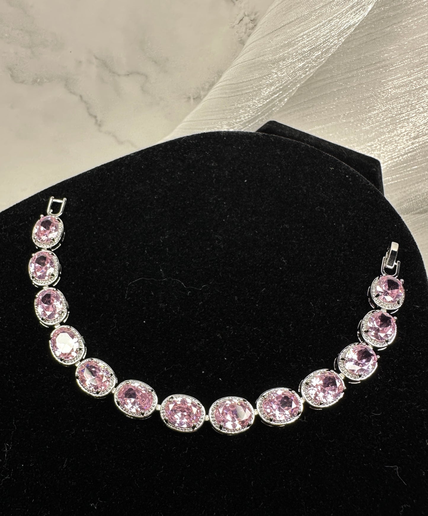 Vintage Pink Oval Halo Cubic Zirconia Link Bracelet | Premium 18K Gold Plated Brass, Fixed 18cm Length