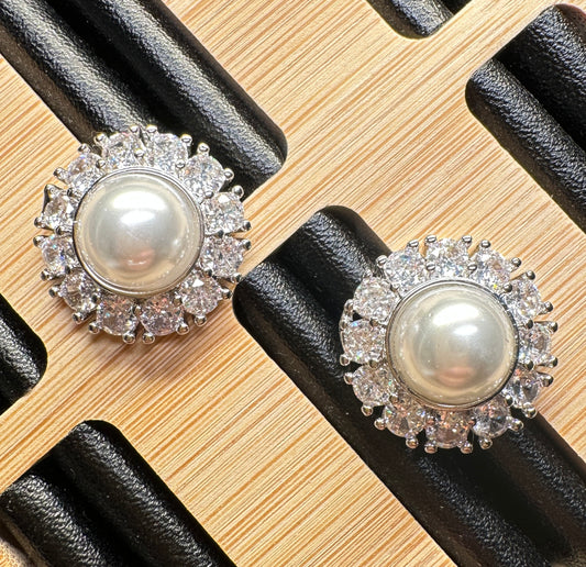Lustrous Halo Pearl Stud Earrings | Elegant Pearl and Crystal Design