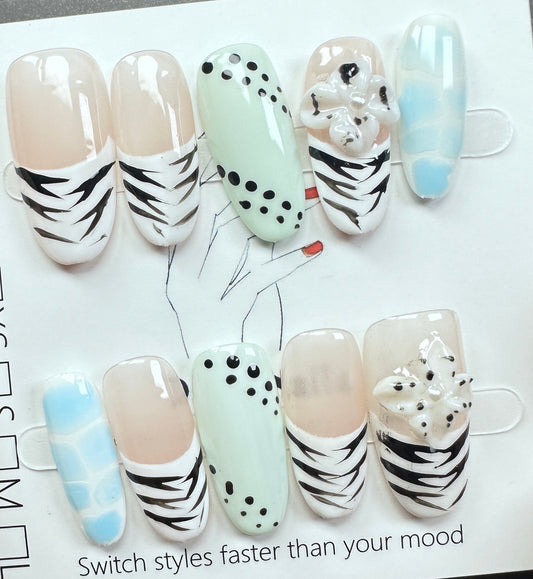 Zebra & Mint Floral Press on Nails Australia | Medium Oval |Daily Nails | Handmade Press on Nails