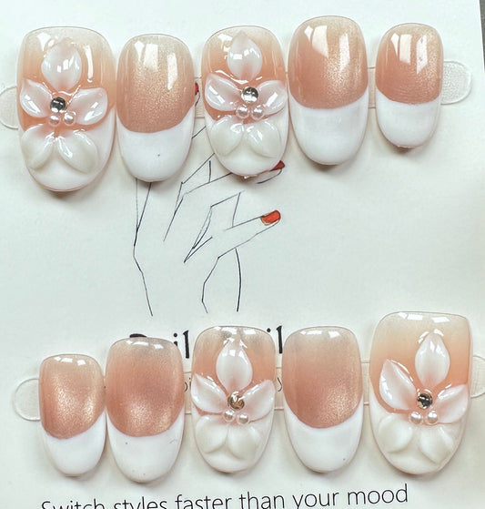 Elegant French Floral Press on Nails Australia | Short Oval |Daily Nails | Handmade Press on Nails