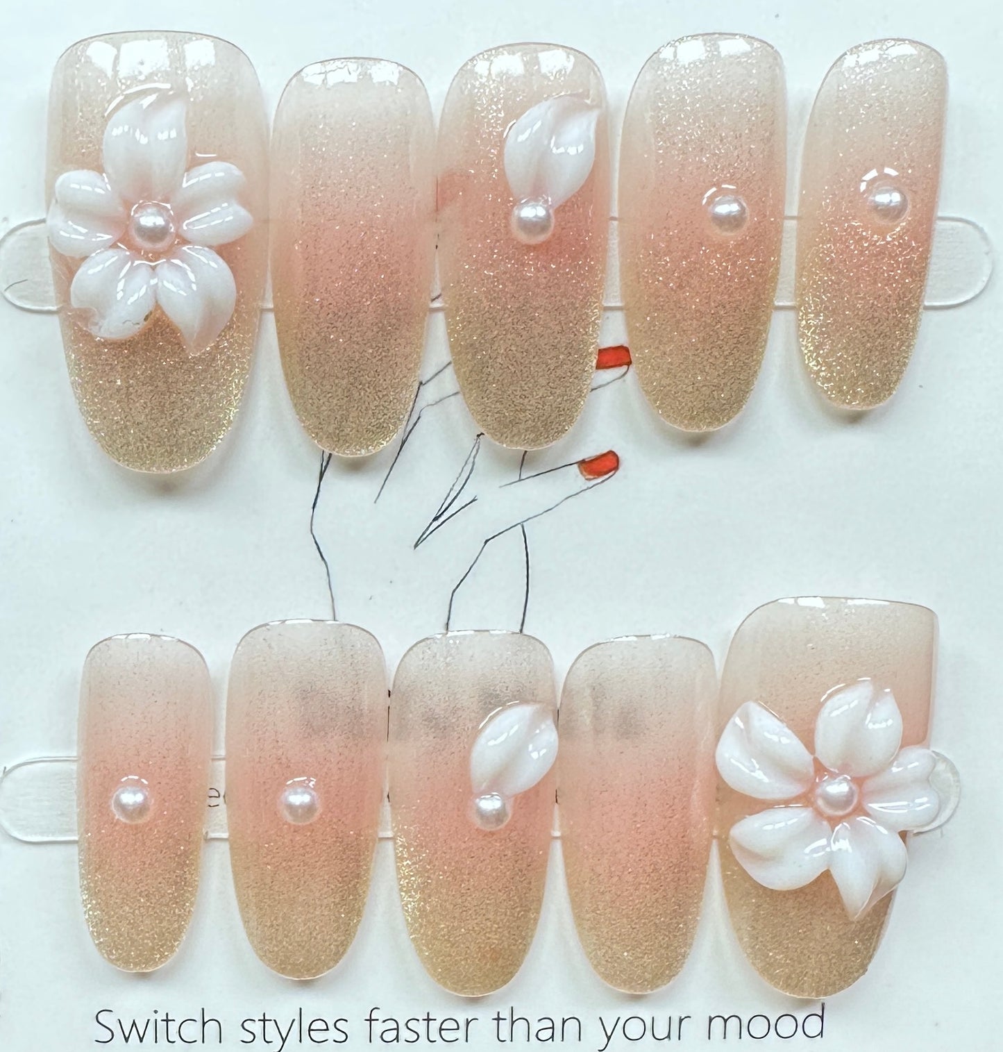 Floral Shimmer & Pearl Press on Nails Australia | Medium Oval |Daily Nails | Handmade Press on Nails