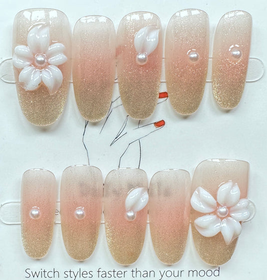 Floral Shimmer & Pearl Press on Nails Australia | Medium Oval |Daily Nails | Handmade Press on Nails