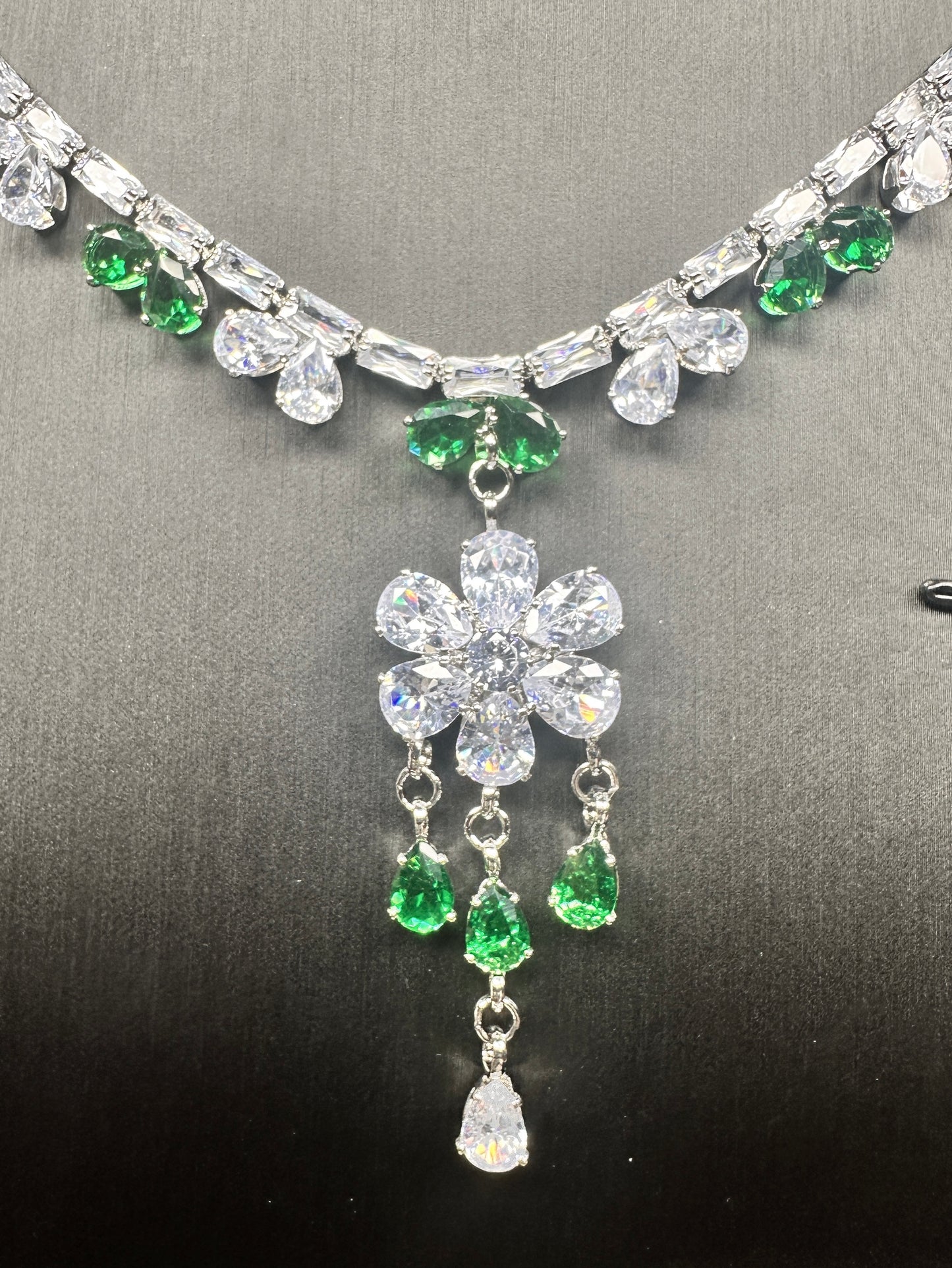 Royal Emerald Floral Set – Green & Clear Faceted Stones on Gold-Plated White Copper