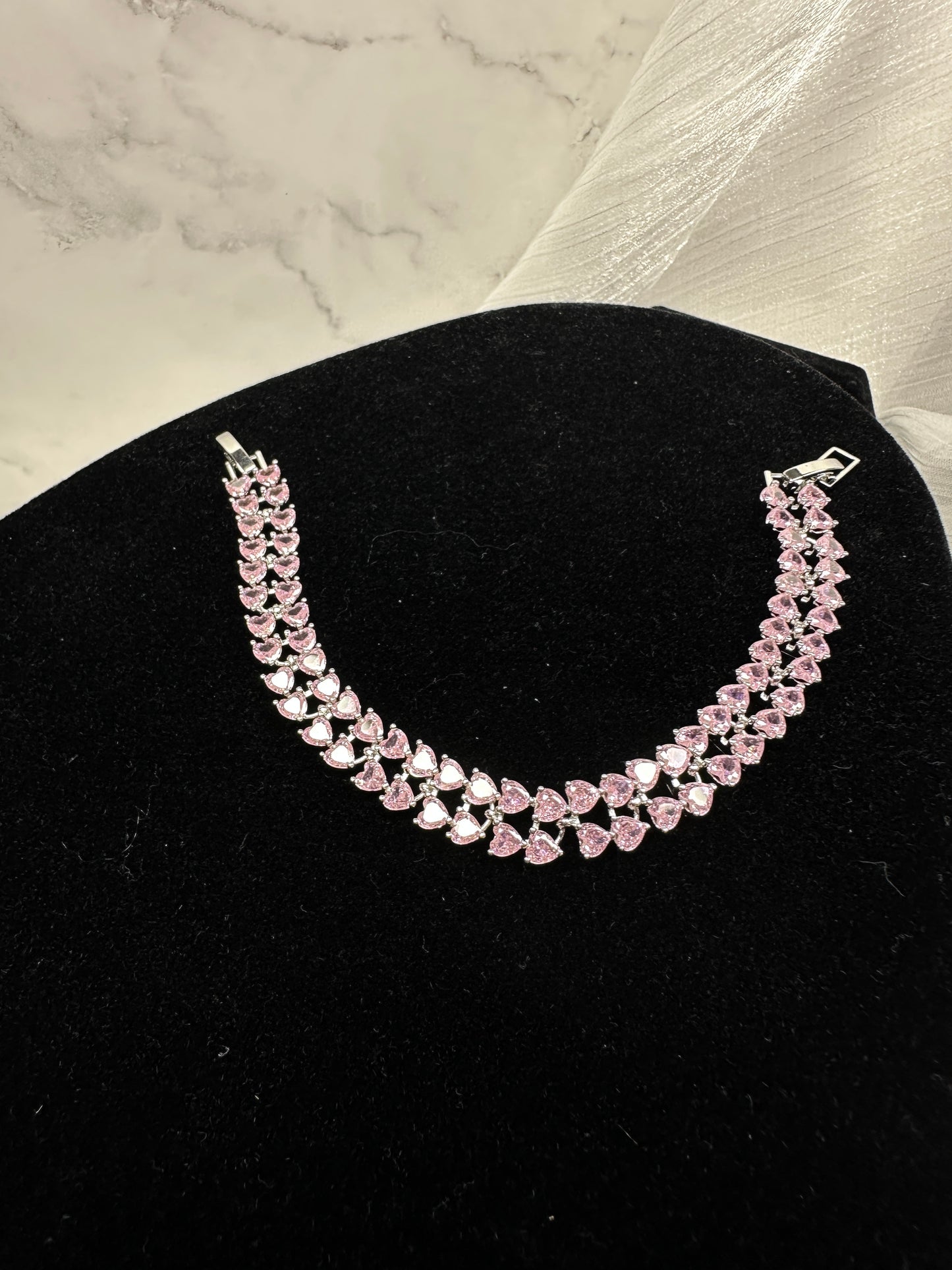 Romantic Double-Row Pink Heart Cubic Zirconia Tennis Bracelet | Premium Gold-Plated Brass, Adjustable 17-18cm Length