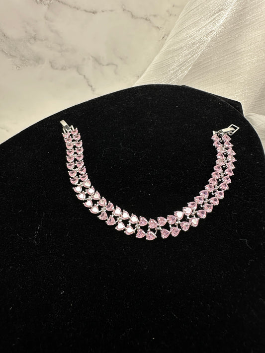 Romantic Double-Row Pink Heart Cubic Zirconia Tennis Bracelet | Premium Gold-Plated Brass, Adjustable 17-18cm Length