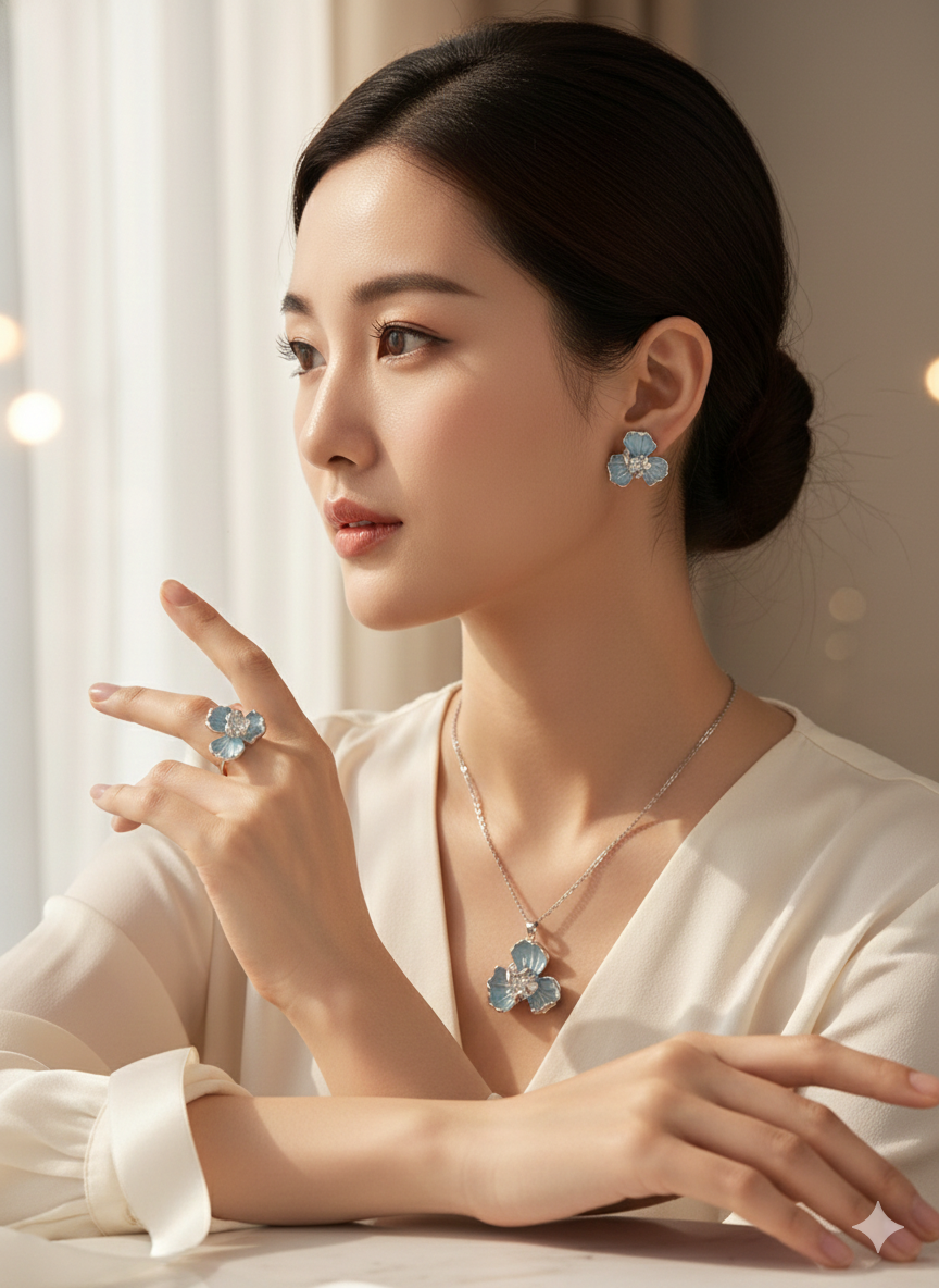 Azure Bloom Trio Set (Necklace, Earrings, Ring)