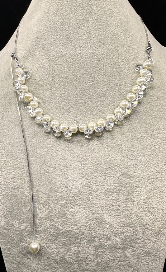Adjustable White Pearl & CZ Bead Necklace
