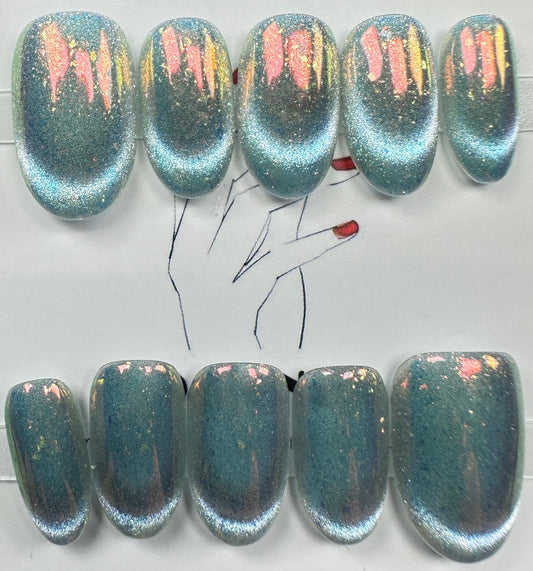 handmade press on nails Australia | Aurora Chrome Shimmer Edition | short oval
