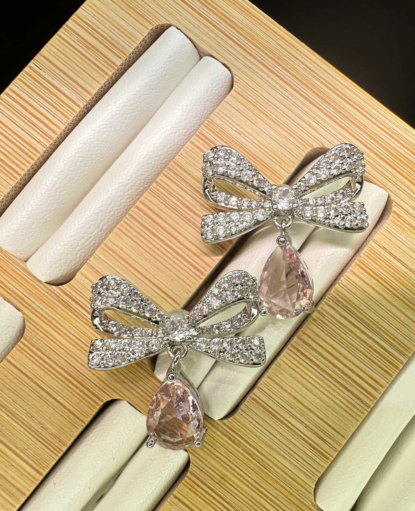 Rosette Pink Mist Earrings | Pavé Bow Design with Pink Drop