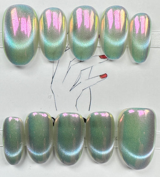handmade press on nails Australia | Aurora Chrome Shimmer Edition | short oval