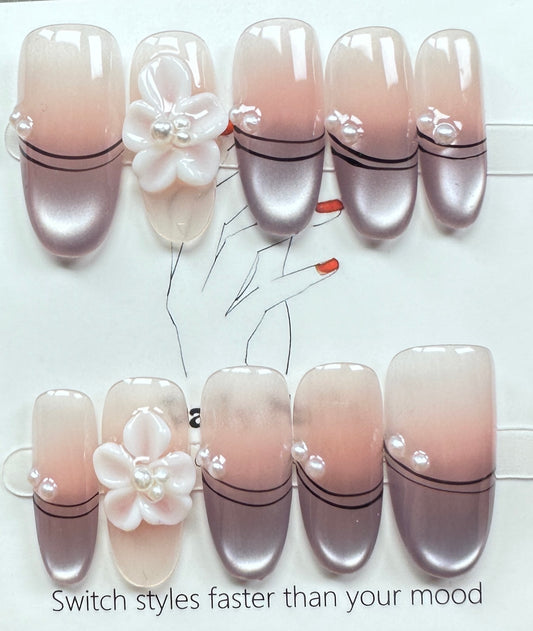 Elegant Gradient & Floral Press on Nails Australia | Medium Oval |Daily Nails | Handmade Press on Nails