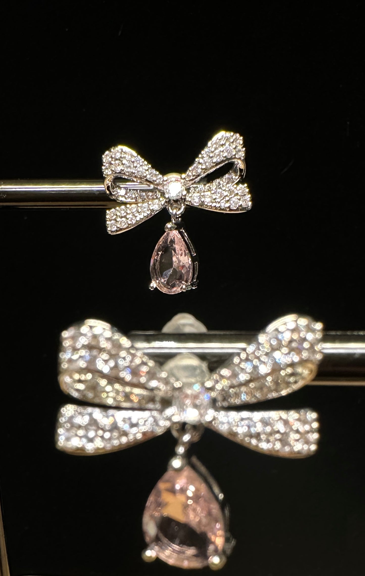 Rosette Pink Mist Earrings | Pavé Bow Design with Pink Drop