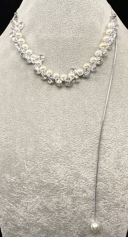 Adjustable White Pearl & CZ Bead Necklace