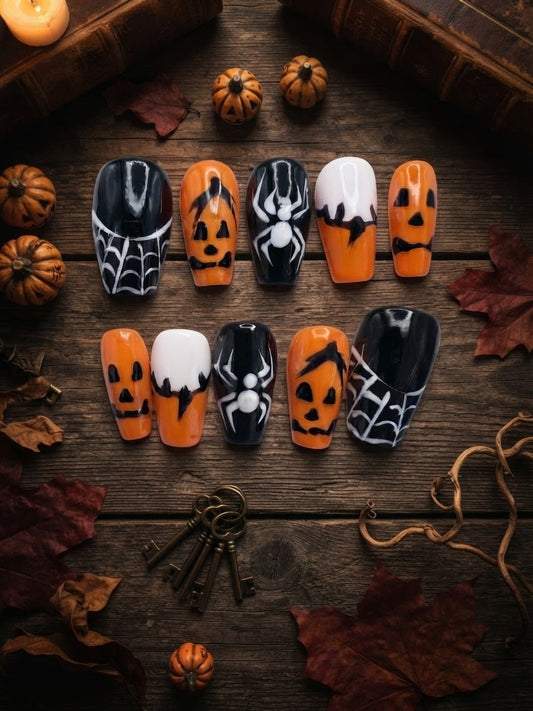 Halloween Coffin Press-On Nails – Pumpkin & Spiderweb Art | DNDS