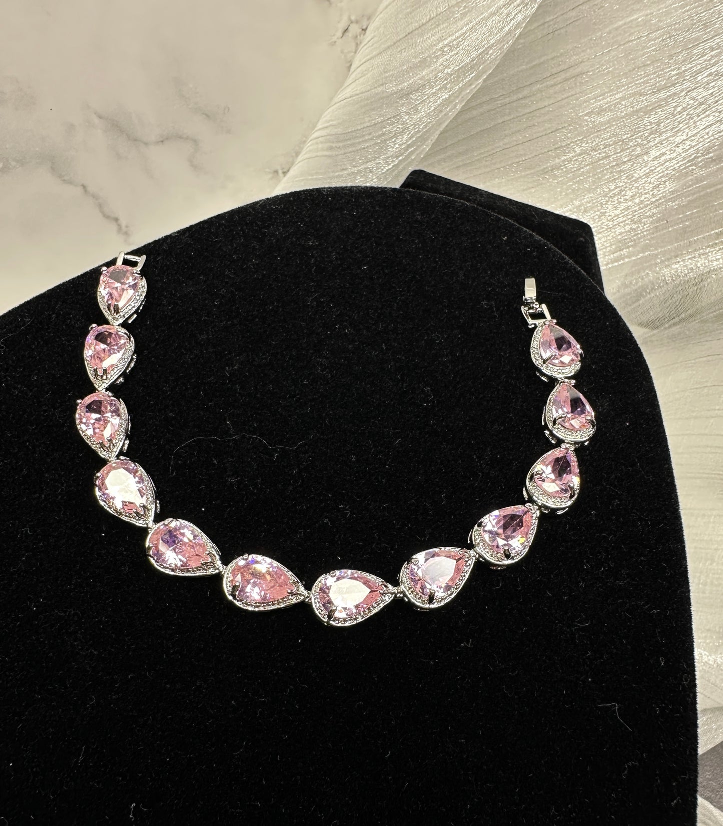 Luxury Pink Teardrop Halo Cubic Zirconia Link Bracelet | Premium 18K Gold Plated Brass, Fixed 18cm Length