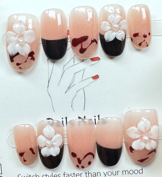Abstract Chocolate & Floral Press on Nails Australia | Short Oval |Daily Nails | Handmade Press on Nails