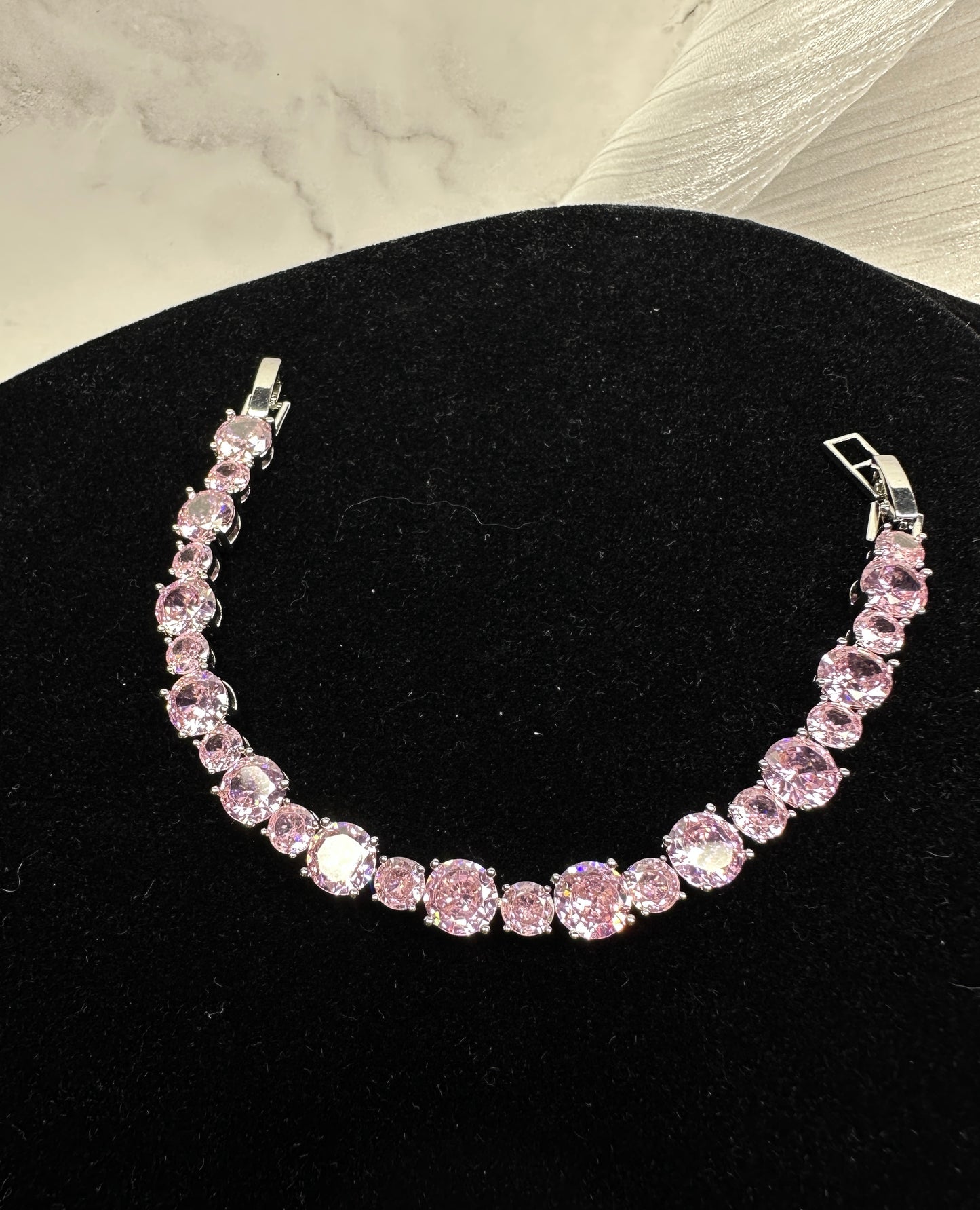 Timeless Pink Round Brilliant Cubic Zirconia Tennis Bracelet | Premium 18K Gold Plated Brass, Adjustable Length (16.5cm - 17.5cm)