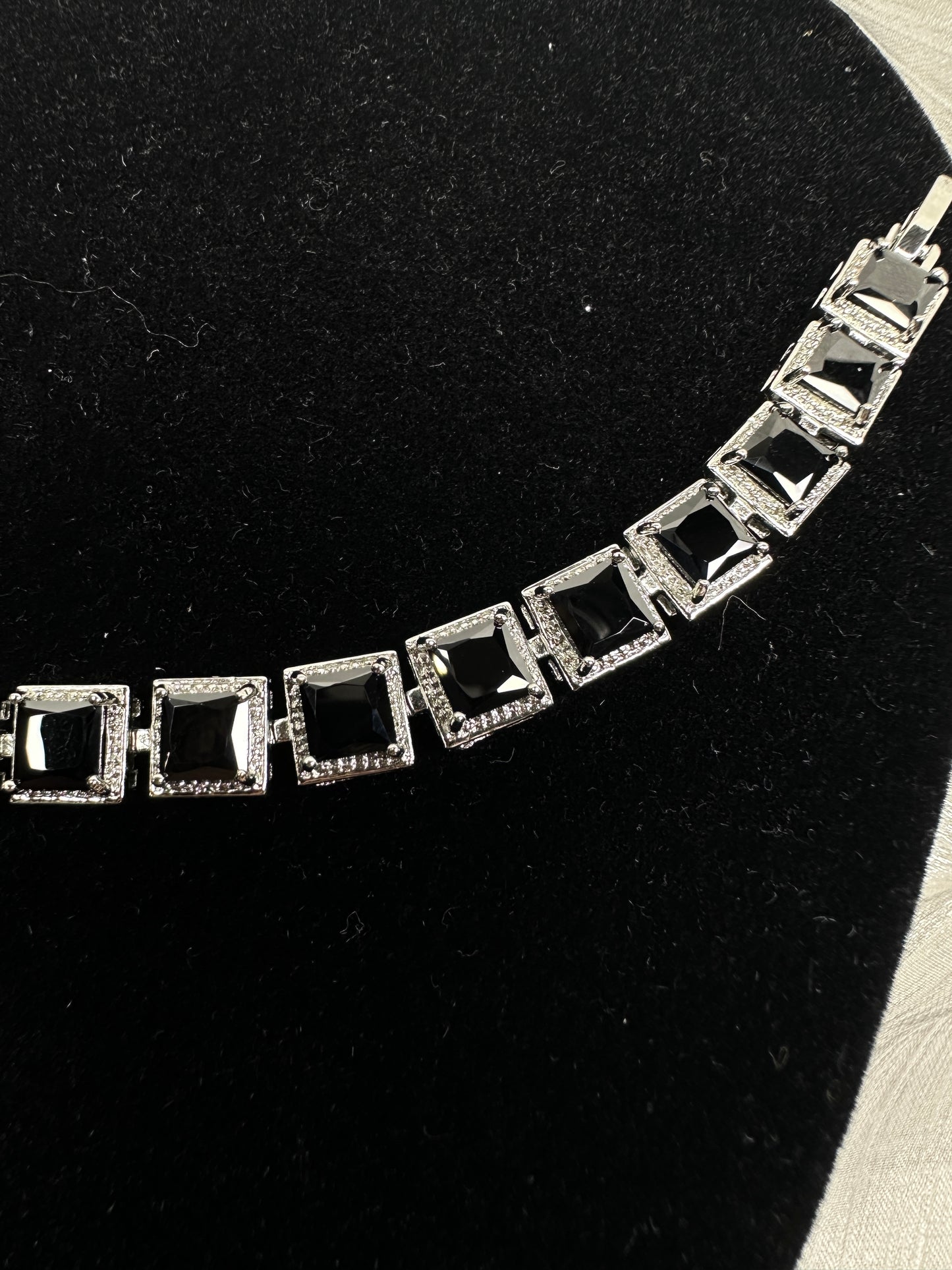 Modern Gothic Black Square Cubic Zirconia Tennis Bracelet | Premium Platinum-Plated Brass, Seamless Fixed 18cm Length