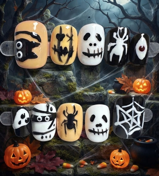 Halloween Short Squoval Press-On Nails – Mummy & Spider Art | DNDS