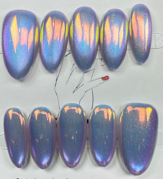 handmade press on nails Australia | Aurora Chrome Shimmer Edition | Medium Almond