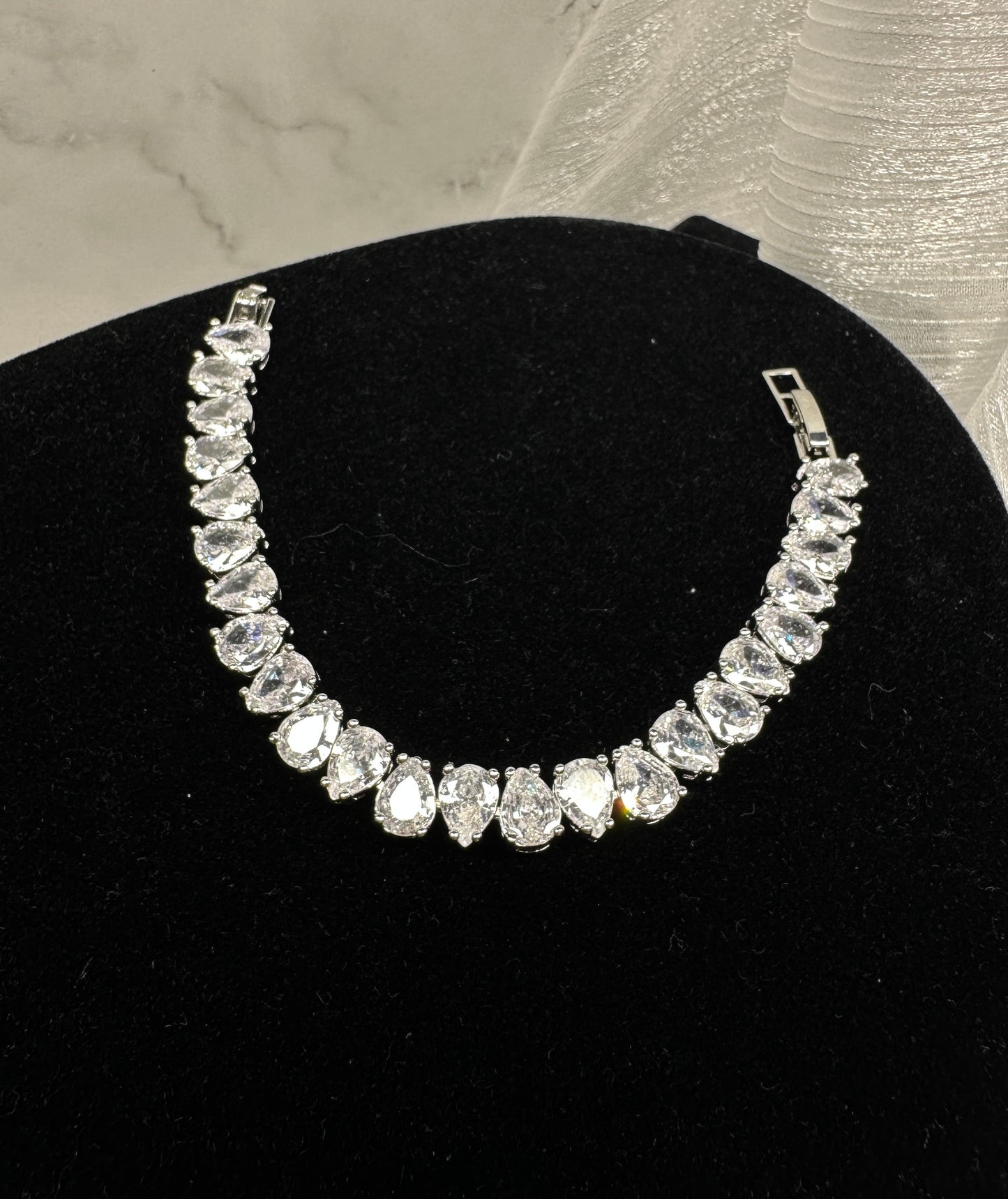 Elegant Pear Cut Cubic Zirconia Tennis Bracelet | Premium Platinum-Plated Brass, Adjustable 16.5cm - 17.5cm Length
