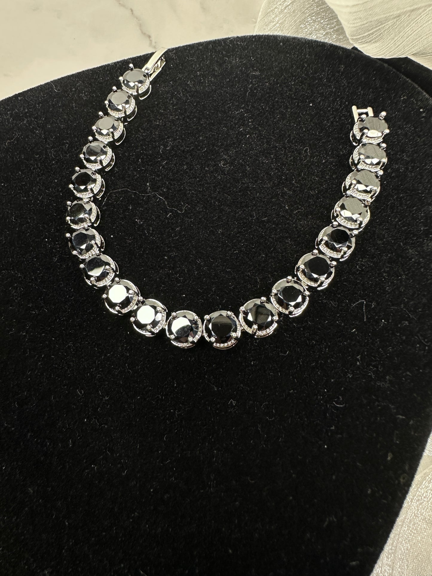 Bold Black Round Cubic Zirconia Tennis Bracelet | Premium Platinum-Plated Brass, Seamless Fixed 18cm Length