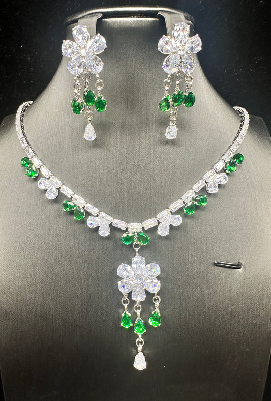 Royal Emerald Floral Set – Green & Clear Faceted Stones on Gold-Plated White Copper